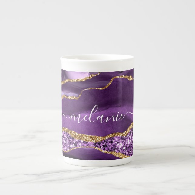 Tasse En Porcelaine Agate Violet violet or Parties scintillant Nom de  (Devant)