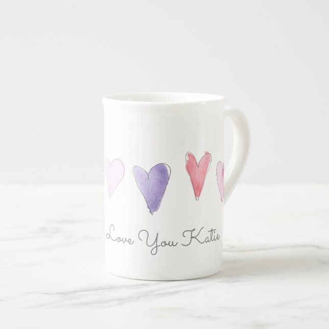 Tasse En Porcelaine Aimer Vous NOM Aquarelle Coeurs doux Valentine (Devant droit)