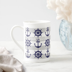 Tasse En Porcelaine Ancre personnalisée roue de bateau rayée nautique