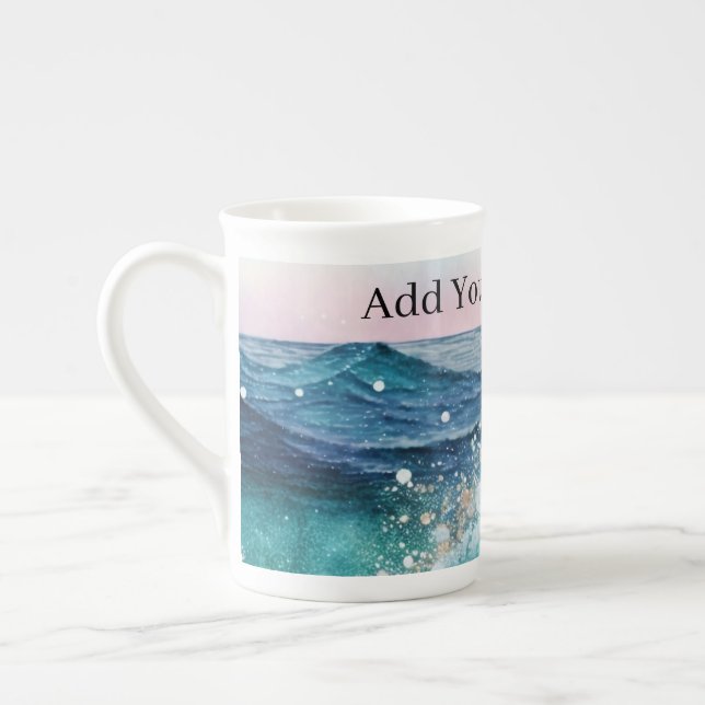 Tasse En Porcelaine Aquarelle Bleu Blanc Océan Vague Personnalisée Nom (Gauche)