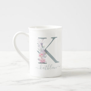 Tasse En Porcelaine Aquarelle rose rose vif monogramme Lettre florale 