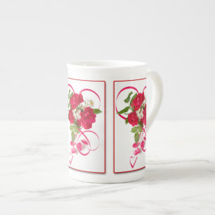 Tasse En Porcelaine Bouquet et ruban de rose rouge