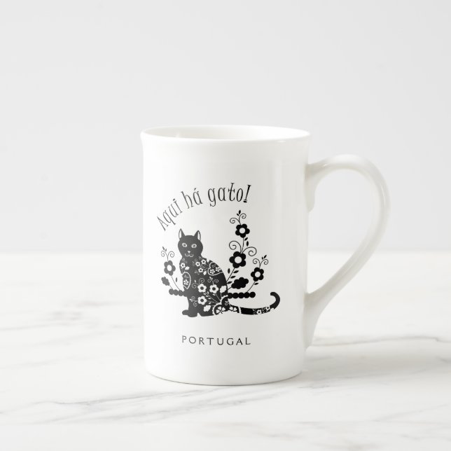 Tasse En Porcelaine Chat noir avec fleurs et expression portugaise (Droite)