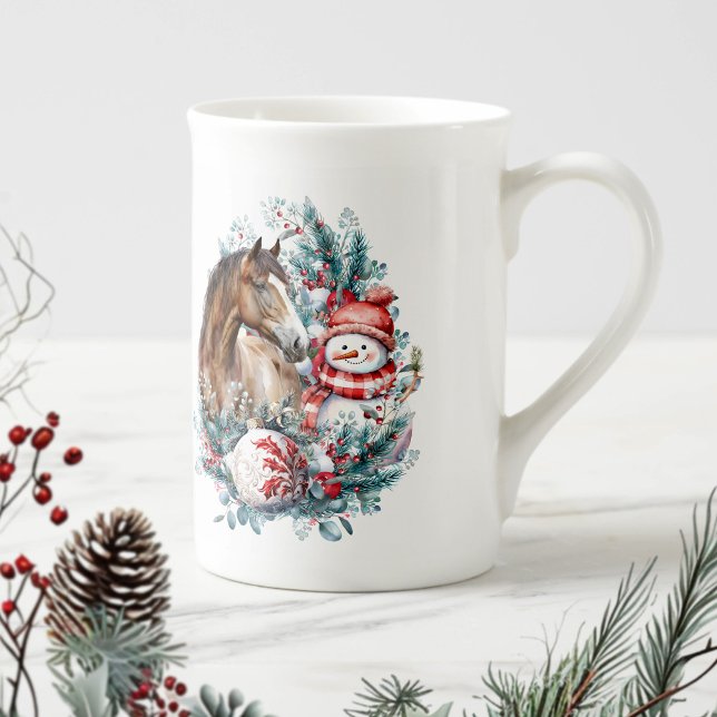 Tasse En Porcelaine Cheval bonhomme de neige aquarelle de Noël élégant (Horse and snowman Christmas mug)