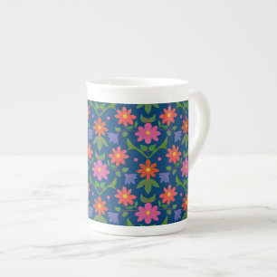 Tasse En Porcelaine Chic Rangoli Fleurs et Pois sur Bleu