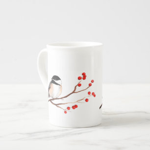 Tasse En Porcelaine Chickadee avec les baies rouges - branche simple