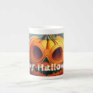 Tasse En Porcelaine Citrouille orange effrayant avec visage, Halloween