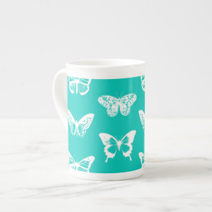 Tasse En Porcelaine Croquis de papillon, bleu turquoise et blanc