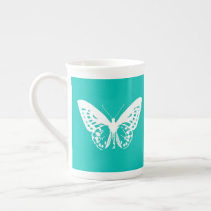 Tasse En Porcelaine Croquis de papillon, bleu turquoise et blanc