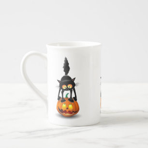 Tasse En Porcelaine Dessin d'Halloween au chat effrayé sur Citrouille