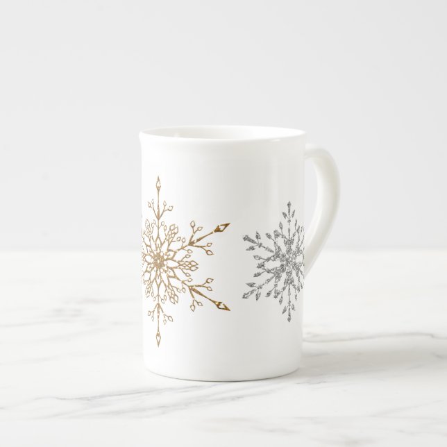 Tasse En Porcelaine Élégant Silver & Gold Parties scintillant Snowflak (Devant droit)