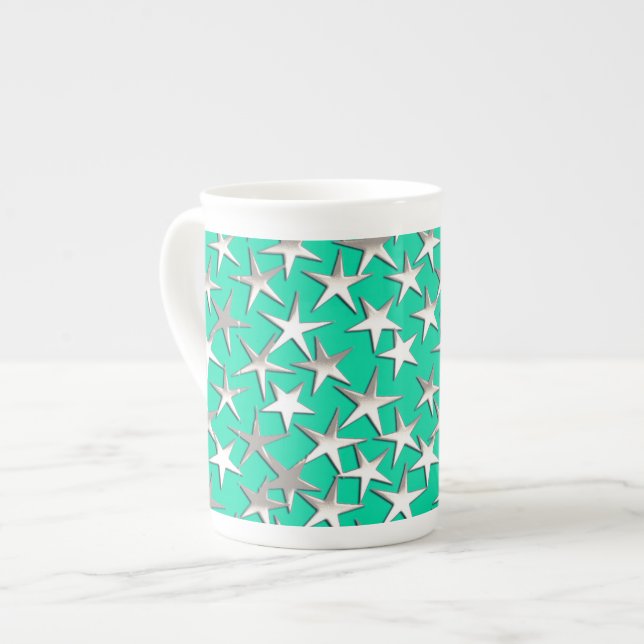 Tasse En Porcelaine étoiles d'argent sur turquoise (Devant gauche)
