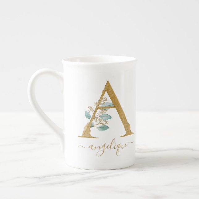 Tasse En Porcelaine Eucalyptus Verdure Aquarelle Or Monogramme A (Gauche)