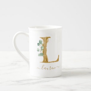 Tasse En Porcelaine Eucalyptus Verdure Aquarelle Or Monogramme L