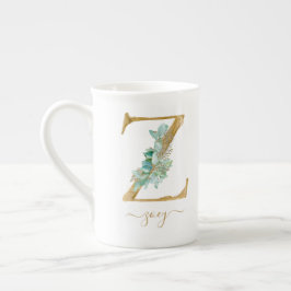 Tasse En Porcelaine Eucalyptus Verdure Aquarelle Or Monogramme Z 