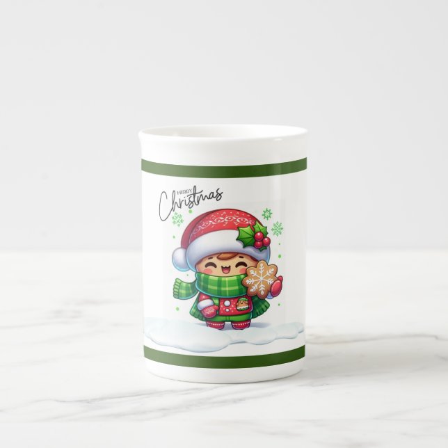 Tasse En Porcelaine Fille de Noël tenant un biscuit (Devant)