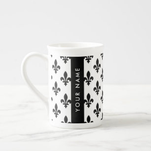 Tasse En Porcelaine Fleur de Lis, Noir sur Blanc, Noir, Votre Nom