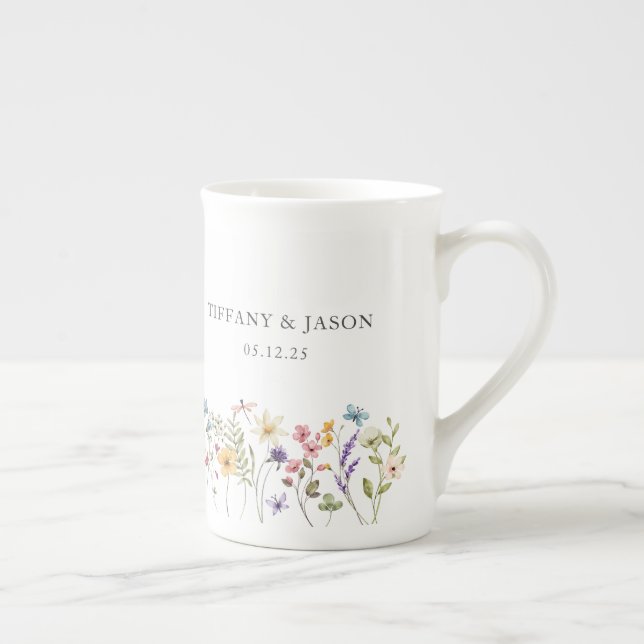 Tasse En Porcelaine Fleur sauvage Floral Mariage Couple Cadeau (Droite)