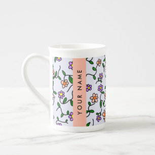 Tasse En Porcelaine Fleurs Colorées, Fond Bleu, Orange