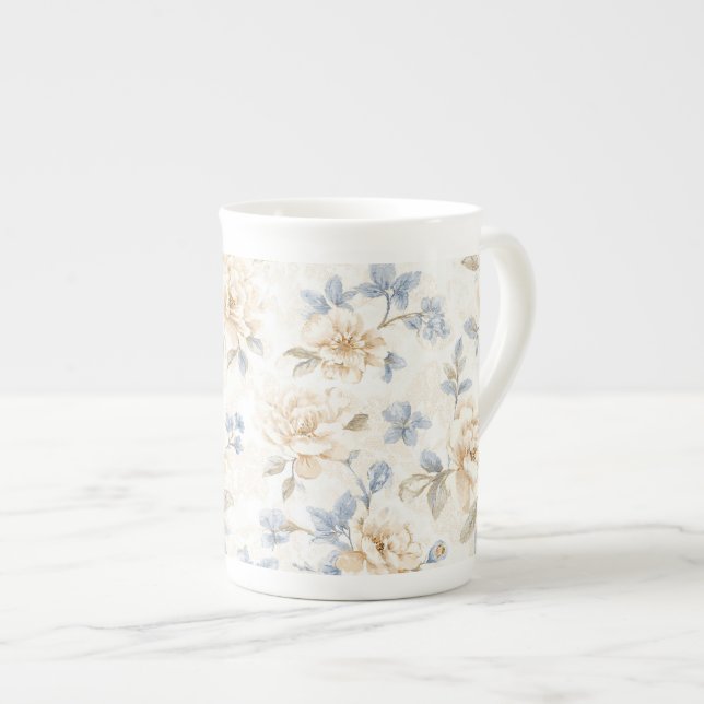 Tasse En Porcelaine Fleurs Crème Bleu Romantiques Jolies   (Devant droit)