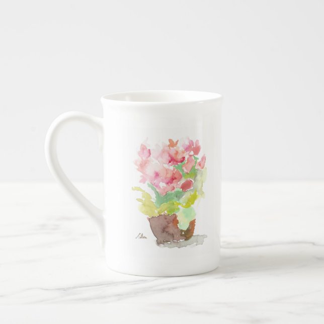 Tasse En Porcelaine Fleurs de printemps aquarelle dans un pot d'argile (Gauche)