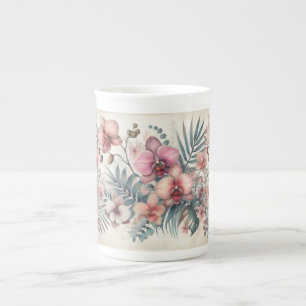 Tasse En Porcelaine Fleurs tropicales et aquarelle feuille