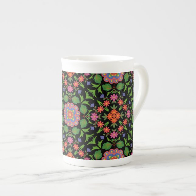 Tasse En Porcelaine Floral Rangoli Motif sur la boue de Chine noire (Devant droit)