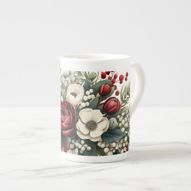 Tasse En Porcelaine Florales d'hiver Vert Rouge Blanc Agrandi (Devant droit)