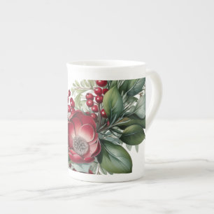 Tasse En Porcelaine Florales d'hiver Vert Rouge Blanc Agrandi