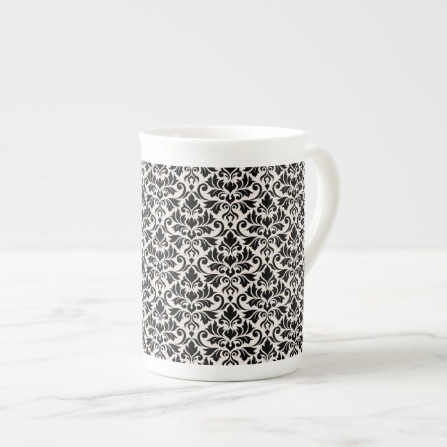 Tasse En Porcelaine Flourish Damask Pattern Black on Cream (Devant droit)