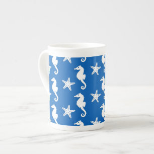 Tasse En Porcelaine Hippocampe & étoile de mer - blanc sur bleu de cob