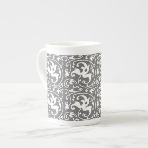 Tasse En Porcelaine Ikat Floral Damask - gris / gris / blanc