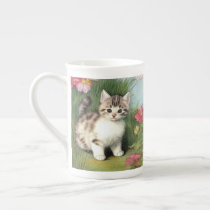 Tasse En Porcelaine Illustration vintage de chat avec Fleurs rouges