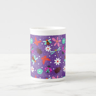 Tasse En Porcelaine Insectes et fleurs colorés sur fond violet