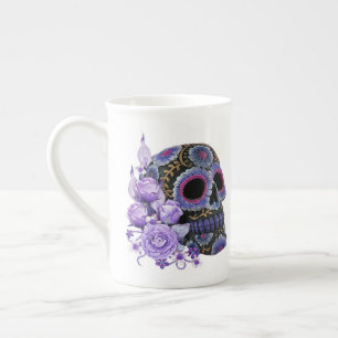 Tasse En Porcelaine Jour noir floral pourpre de crâne de sucre des