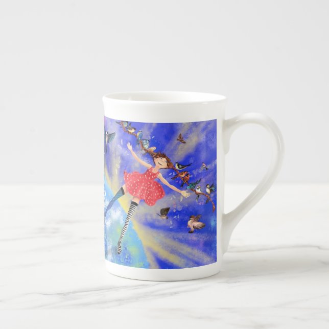 Tasse En Porcelaine Joyeuse fille avec des oiseaux os Chine Mug (Droite)