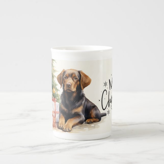 Tasse En Porcelaine Joyeux Noël à chiot Brown (Devant)