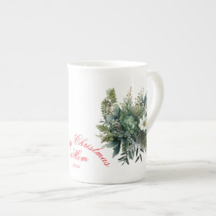 Tasse En Porcelaine Joyeux Noël Maman Vert Floral