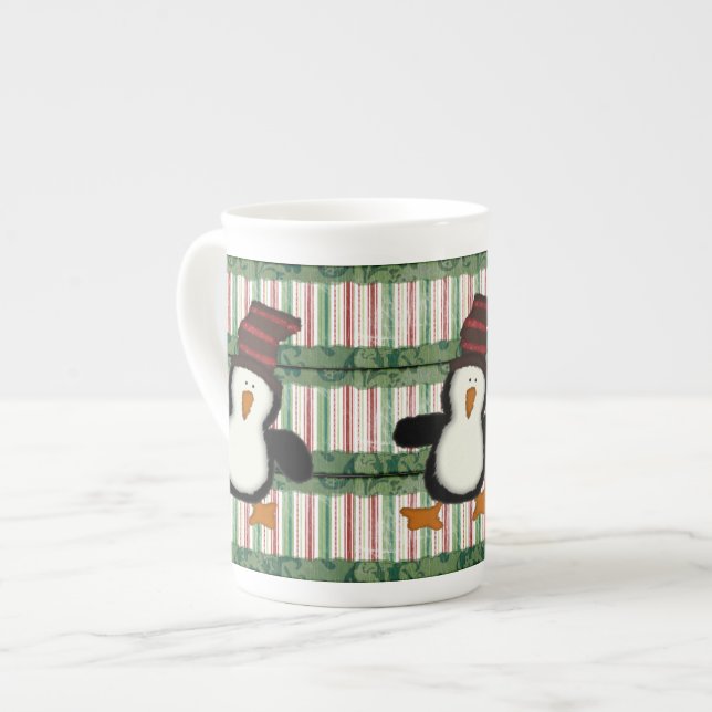 Tasse En Porcelaine Joyeux Noël, Penguin Stripe (Devant gauche)