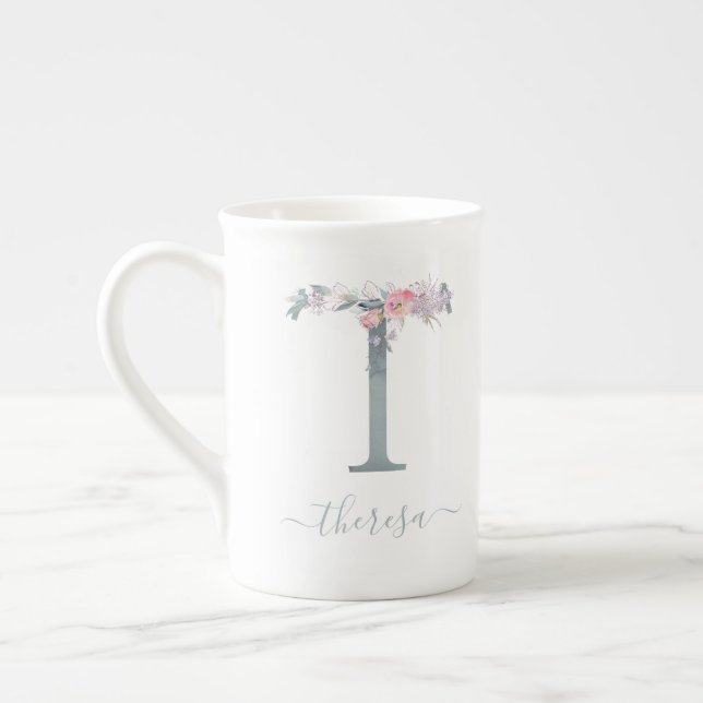 Tasse En Porcelaine LETTRE Florale T PLEINE AQUATICOLE ROUILLÉE MONOGR (Gauche)