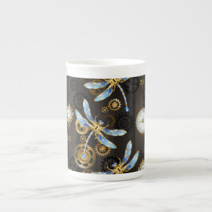 Tasse En Porcelaine Libellules Steampunk sur fond brun rayé