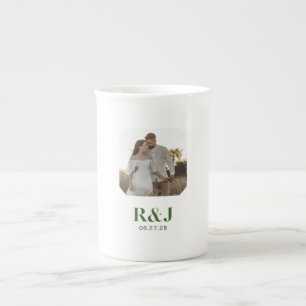 Tasse En Porcelaine Mariage Couple Ajouter Photo Vert Monogramme