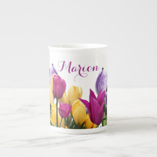 Tasse En Porcelaine Marion personnalisable nom fleurs de printemps col