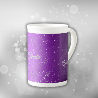 Tasse En Porcelaine Métal brossé violet moderne avec Monogramme argent