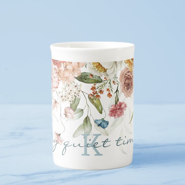 Tasse En Porcelaine Mon Temps Tranquille, Aquarelle Monogram Floral 10 (Créateur téléchargé)