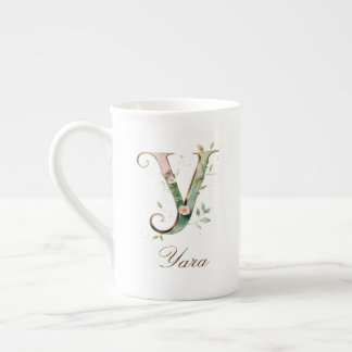 Tasse En Porcelaine Monogramme Floral Or Initiale Y en Or Personnalisé