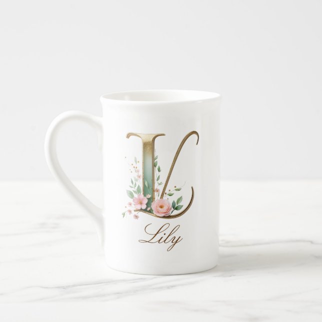 Tasse En Porcelaine Monogramme Initial L Floral Or Personnalisé (Gauche)