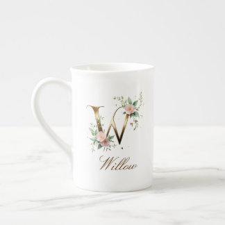 Tasse En Porcelaine Monogramme Initial W Floral Or Personnalisé