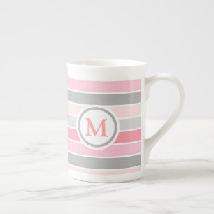 Tasse En Porcelaine Monogramme rayé rose et gris