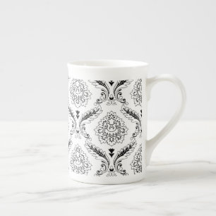 Tasse En Porcelaine Motif de ligne damassé rococo noir sur blanc
